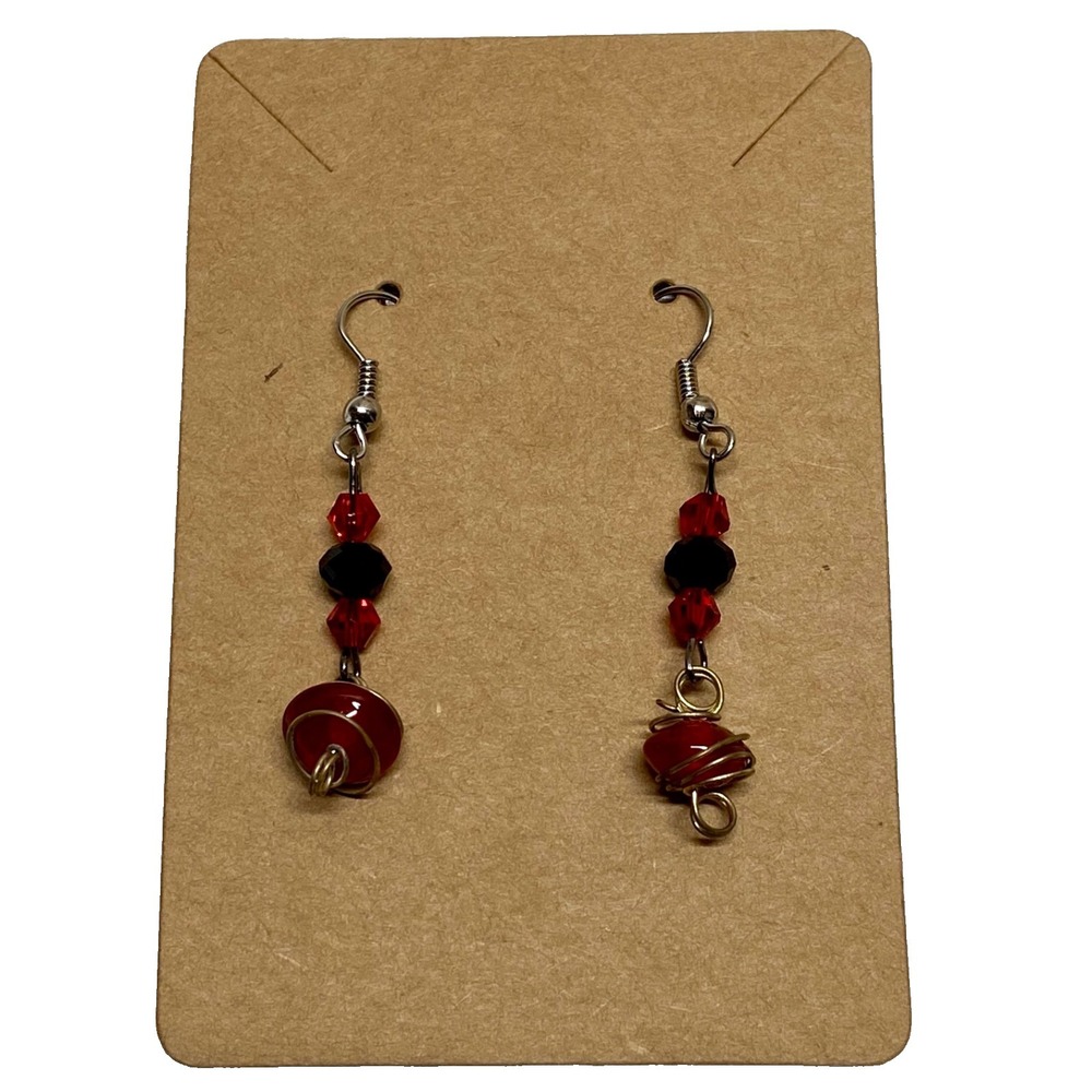 Austrian Red Crystal Earrings Black Glass Beaded Lightweight‎ Dangle Fashion GUC